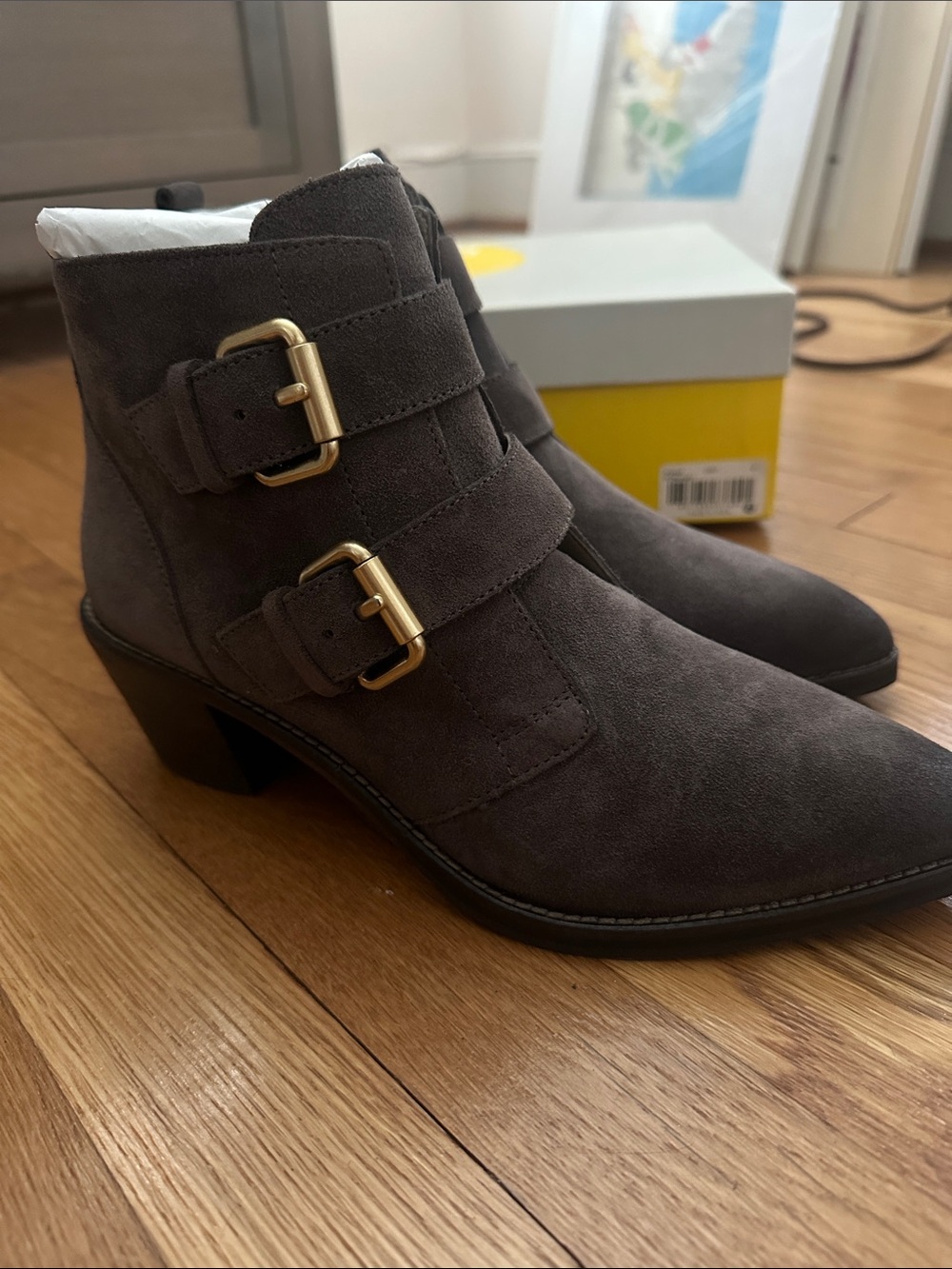 Boden Boots Womens 9.5 Grey Suede Ankle Buckle Zip Block Heel Booties Shoes